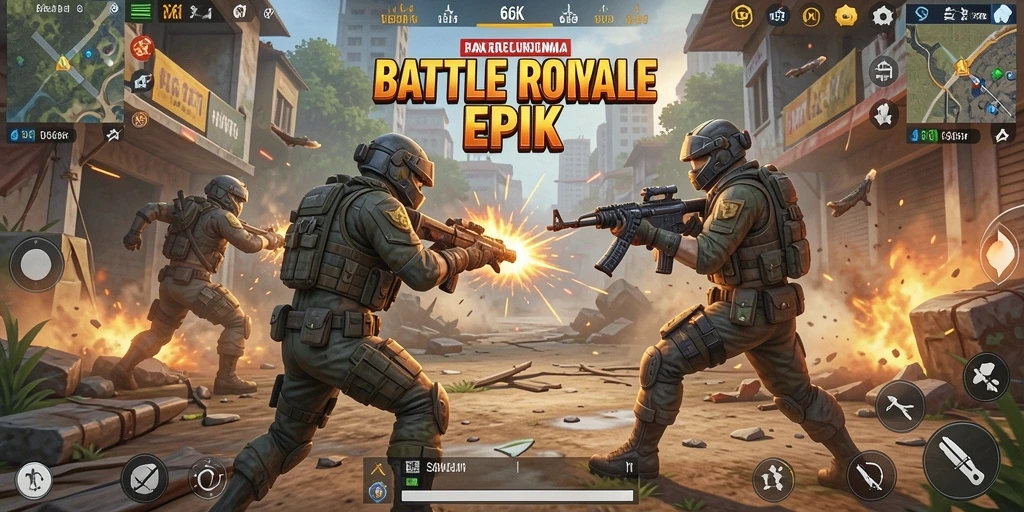 Screenshot gameplay intens dari 66K dalam aksi Battle Royale.