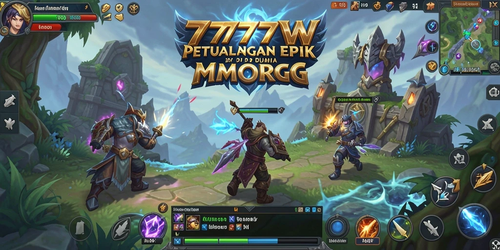 Tampilan gameplay seru dalam 7777W, lingkungan fantasi yang memukau.