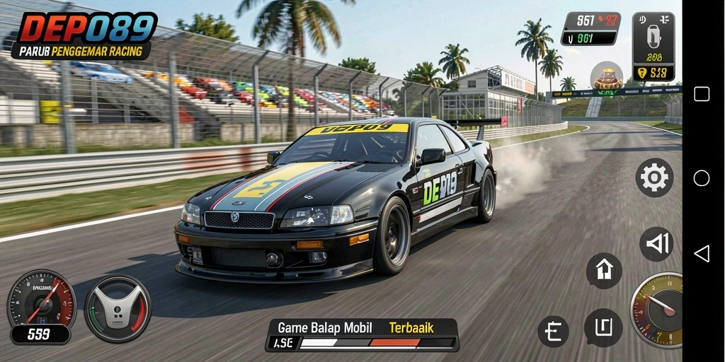 Screenshot gameplay DEPO89 menampilkan balapan mobil yang mendebarkan dan grafis memukau.