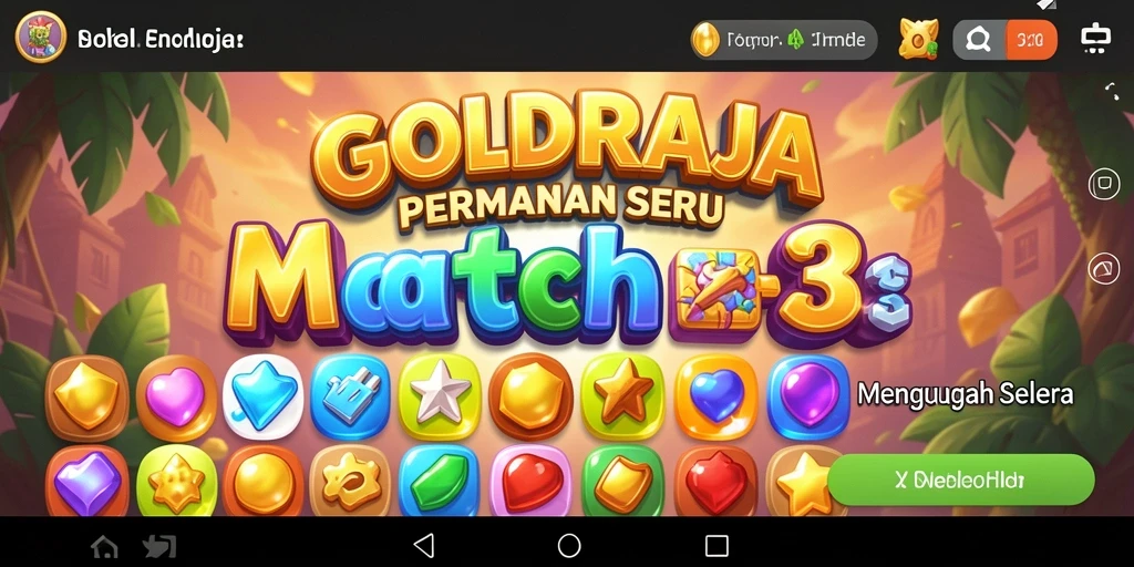 Tampilan gameplay <strong>GOLDRAJA</strong> dengan elemen match-3 yang colorful.