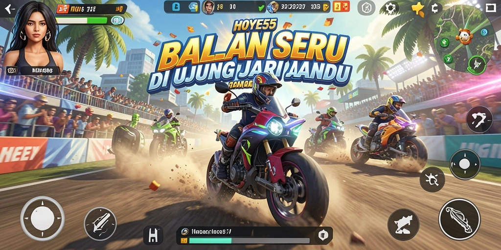 Screenshot gameplay HOYE55 menampilkan balapan mendebarkan di trek yang menantang.