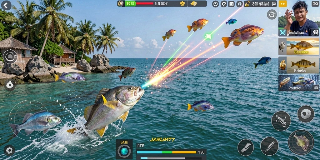 Tampilan dinamis dari gameplay Tembak Ikan JARUM77.