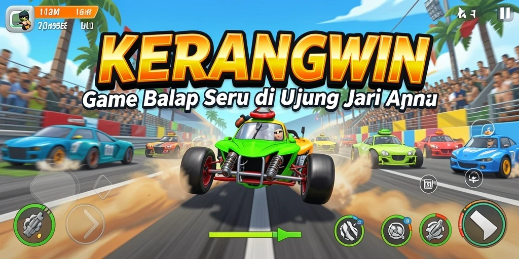 Tampilan gameplay seru di KERANGWIN dengan berbagai kendaraan balap.