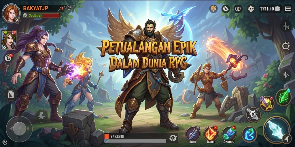 Tangkapan layar utama RAKYATJP menampilkan pertarungan epik di dunia RPG yang menakjubkan.