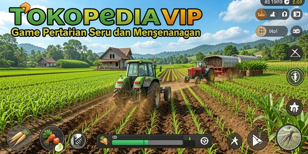 Screenshot gameplay TOKOPEDIAVIP menampilkan ladang pertanian yang subur dan aktivitas menyenangkan.
